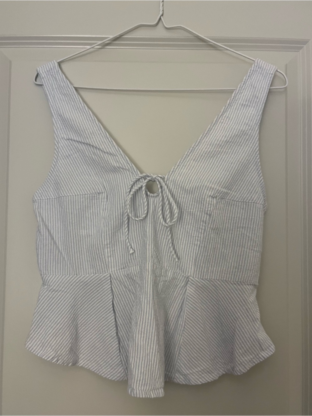 Free People Mika Blue and White Stripe Tank Tie Front Smocked Back Size Small